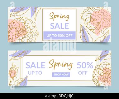 Collezione di striscioni per le vendite primaverili con motivi floreali. Fiori di peonia disegnati a mano con un contorno dorato. Modello orizzontale pubblicitario per la primavera Illustrazione Vettoriale