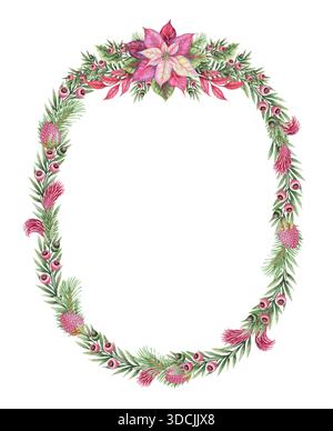 Lussureggiante corona natalizia di fiori poinsettia e rami di tasso di forma ovale in acquerello dipinto a mano. Rosa rosso e verde creano un look invernale. Perf Foto Stock