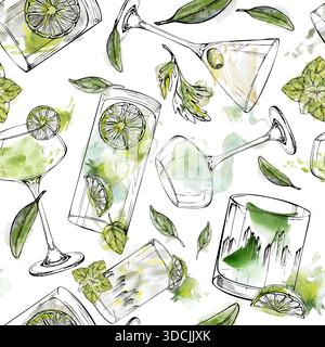 Cocktail verdi freschi, bevande alcoliche trasparenti, gin tonic, martini con olive, menta e guarnizione di agrumi. Motivo senza cuciture in acquerello e. Foto Stock