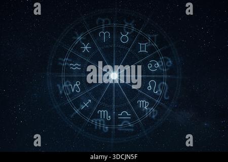 Ruota zodiacale con dodici segni astrologici sullo sfondo stellato del cielo notturno, simbolo di oroscopo, astrologia, misticismo ed energia cosmica. Zodiac firma un Foto Stock