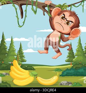La scimmia dei cartoni animati è appesa al ramo, alla rana, sopra le banane, in un luminoso paesaggio forestale, in stile vettoriale Illustrazione Vettoriale