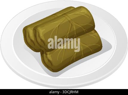 Tre foglie d'uva ripiene disposte su un piatto bianco, realistico stile vettoriale, vista dall'alto verso il basso Illustrazione Vettoriale