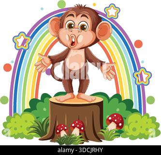 La simpatica scimmia dei cartoni animati si erge su un ceppo, canta, con arcobaleno, funghi e colorato sfondo fogliare Illustrazione Vettoriale