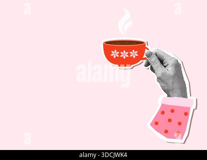 Con la mano in mano una tazza di caffè caldo con vapore su sfondo rosa, divertente collage di mezzitoni vettoriali per gli annunci pubblicitari del bar Illustrazione Vettoriale