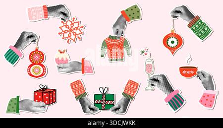 Set vettoriale natalizio con mani mezzitoni che reggono oggetti natalizi: Regalo, champagne, ornamento, fiocco di neve, budino e maglione brutto, divertente design collage Illustrazione Vettoriale