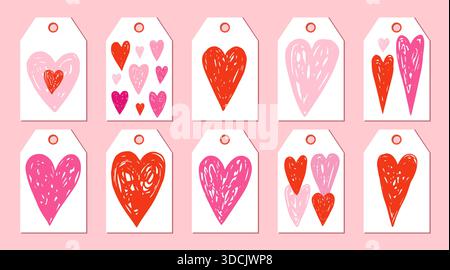 Set vettoriale di graziose etichette regalo disegnate a mano per San Valentino, biglietti romantici con cuori a doodle rosa e rossi per il matrimonio e la festa della mamma. Illustrazione Vettoriale