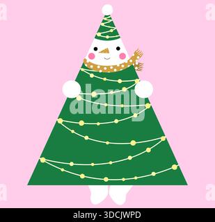 Divertente pupazzo di neve vestito come un albero di Natale, grazioso design geometrico natalizio per biglietti d'auguri e inviti Illustrazione Vettoriale
