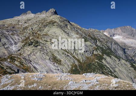 Vista delle Alpi svizzere sul passo di Grimsel, presso Räterichsbodensee (lago Räterichsboden), Svizzera Foto Stock