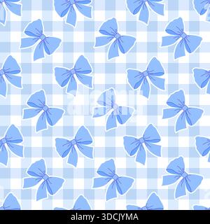 Motivo senza cuciture con fiocchi blu su sfondo blu chiaro e bianco Vichy. Illustrazione Vettoriale
