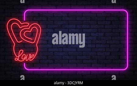 Romantica cornice vettoriale al neon con cuori brillanti e testo d'amore scritto a mano su pareti in mattoni scuri. Perfetto per design valentini, annunci di matrimonio e romantici Illustrazione Vettoriale