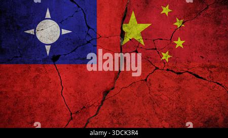 Bandiere di Taiwan e Cina con profonde crepe tra di loro, simboleggiando conflitti politici, separazione e tensioni crescenti. Concetto di disp geopolitico Foto Stock