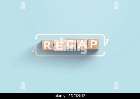 RIEPILOGO - parole da blocchi di legno con lettere su sfondo blu. riepilogo, idea creativa e concetto. Concetto di scambio digitale e trasferimento di denaro. Reg Foto Stock