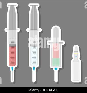 Illustrazione sul tema Set grande colorato diversi tipi di siringhe, aghi per ospedale, siringa composta da accessorio di raccolta con contr. Qualità Illustrazione Vettoriale