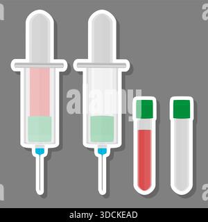 Illustrazione sul tema Set grande colorato diversi tipi di siringhe, aghi per ospedale, siringa composta da accessorio di raccolta con contr. Qualità Illustrazione Vettoriale