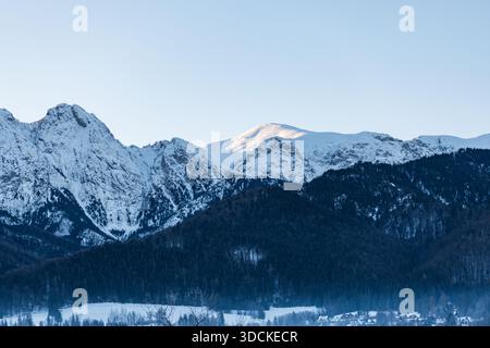 Le maestose vette innevate si innalzano al di sopra di foreste di conifere scure e dense sotto un pallido cielo invernale. Il contrasto di luce e ombra in una montagna Foto Stock