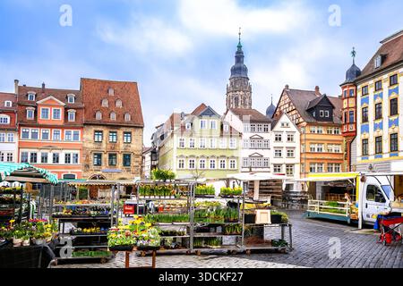La piazza principale della città storica di Coburgo Marktplatz o veduta del mercato agricolo, l'alta Franconia della Baviera, Germania. Foto Stock