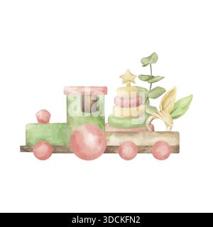 Illustrazione in morbido acquerello di un trenino in legno pastello che trasporta giocattoli per bambini: Anelli impilabili con stella, anello dentizione, foglie di eucalipto. Minimo Foto Stock
