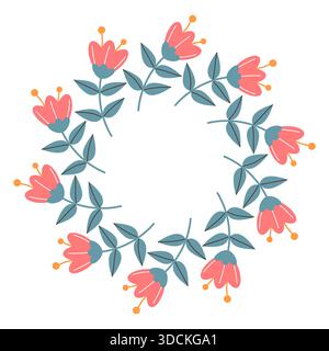 Cornice decorativa rotonda in fiore. Illustrazione in stile piatto di fiori rosa con vegetazione lussureggiante. Illustrazione Vettoriale