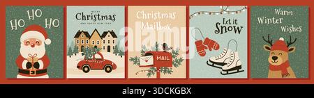 Set di biglietti d'auguri di Natale e Capodanno con l'auto rossa di Babbo Natale e gli elementi invernali. Illustrazione Vettoriale