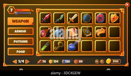 Inventario dei giochi. L'interfaccia Fantasy RPG incornicia elementi per un gioco di avventura con icone di armi, armature, cibo, pozioni, statistiche e oro. GUI di gioco vettoriale Illustrazione Vettoriale