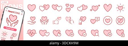 Set di icone della linea di San Valentino. Forma romantica del cuore, amore, passione, relazione, beneficenza con illustrazioni vettoriali minime. Semplici indicazioni per Illustrazione Vettoriale