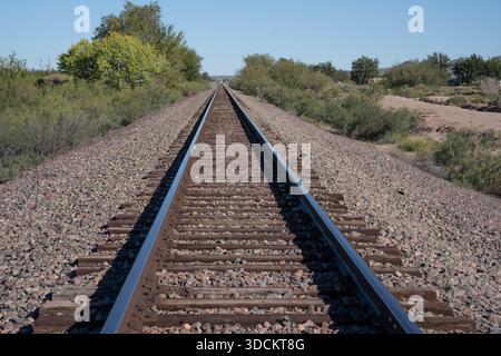 immagine orizzontale dei binari ferroviari che si spostano in lontananza con binari metallici lucidi con rocce nel mezzo spazio vuoto per tipo su entrambi i lati Foto Stock