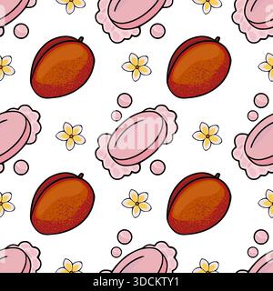 Motivo vettoriale senza cuciture di manghi maturi, saponi rosa e delicati fiori plumeria su sfondo bianco. Illustrazione Vettoriale