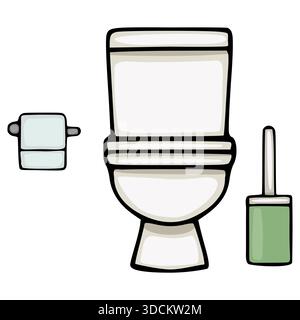 Un'illustrazione vettoriale pulita e moderna di un WC, un porta carta igienica e uno spazzolino su sfondo bianco, che simboleggia l'igiene e il bagno Illustrazione Vettoriale