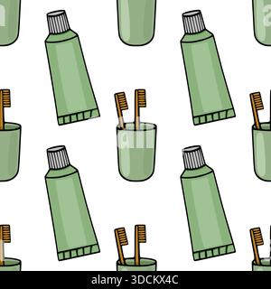 Motivo vettoriale senza cuciture con tubi per dentifricio disegnati a mano e spazzolini da denti in bambù in vetro verde per l'igiene dentale e la routine quotidiana in bagno. Illustrazione Vettoriale
