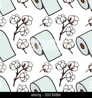 Motivo vettoriale senza cuciture di rami di cotone stilizzati e rotoli di carta igienica, realizzato in uno stile grafico pulito con colori pastello tenui. Illustrazione Vettoriale