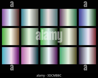 Esplora questo incredibile set di quindici pendenze metalliche iridescenti. Ogni quadrato presenta una transizione di colore unica, che fonde sfumature come i viola profondi Illustrazione Vettoriale