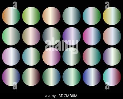 Un'accattivante griglia visualizza 24 sfumature di colore circolari univoche su uno sfondo nero profondo. Ogni cerchio passa senza problemi tra un pa ricco Illustrazione Vettoriale