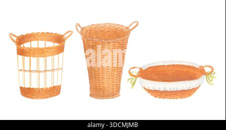 Set cestelli in vimini acquerello. Foto Stock