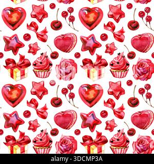 Motivo di San Valentino con acquerello senza cuciture con cuori rossi, dolci, cupcake, ciliegie, confezione regalo, nastri e stelle. Ideale per le feste Foto Stock