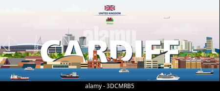 Cardiff grafica grafica stilizzata paesaggio urbano colorata illustrazione vettoriale con grande nome della città sullo sfondo Illustrazione Vettoriale
