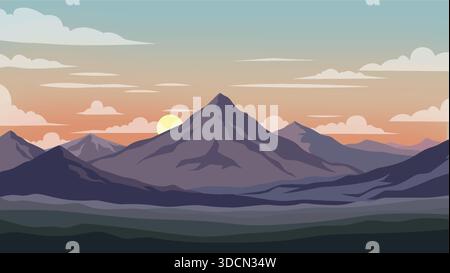 Illustrazioni dinamiche del paesaggio che raffigurano una tranquilla catena montuosa al tramonto, caratterizzata da vette maestose e valli tranquille, bagnate da un cielo caldo e morbido Illustrazione Vettoriale