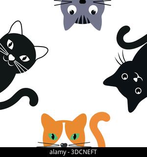 Serie di illustrazioni di simpatici gatti colorati che sbirciano su uno sfondo bianco Illustrazione Vettoriale
