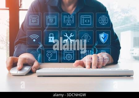 Interfaccia icona del sistema API digitale del computer di lavoro dello sviluppatore che rappresenta lo sviluppo del software l'integrazione del sistema il programma di servizi cloud di sicurezza informatica Foto Stock