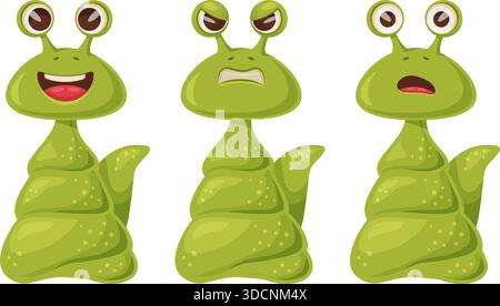tre mostri verdi che mostrano espressioni con emozioni diverse, lumache Illustrazione Vettoriale
