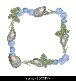 Cornice acquerello con vongole in conchiglie, rosmarino e ghiaccio. Cornice quadrata per progetti culinari. Foto Stock