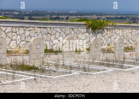 Loreto, Italia - 11 giugno 2025: Cimitero di guerra polacco a Loreto, luogo di sepoltura dei soldati della seconda guerra mondiale. File di tombe di pietra di soldati ebrei. Foto Stock