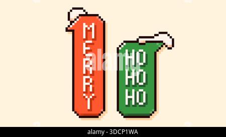 Fumetti natalizi di pixel art con testo e pile di neve allegri e ho-ho-ho. Illustrazione Vettoriale