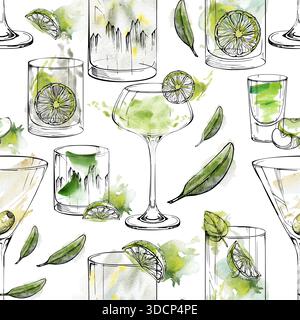 Acquerello e inchiostro motivo senza cuciture di cocktail limpidi e verdi con menta, lime e vetro scintillante, guarnizione di oliva. Martini, mano di caipirinha Foto Stock