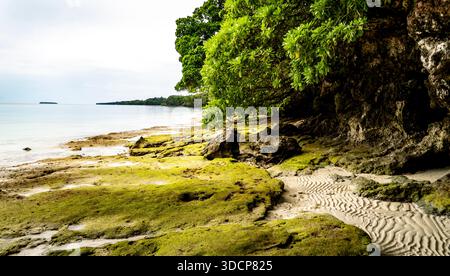 Una tranquilla spiaggia caratterizzata da coste rocciose, vegetazione lussureggiante e acque calme Foto Stock