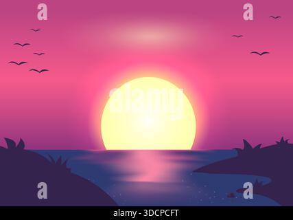 Tramonto sull'oceano in stile neon con sfumature retrofuturistiche. Tramonto viola sul mare. Illustrazione Vettoriale