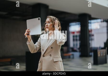 Donna d'affari all'aperto con un tablet che porta un selfie a specchio con un Blazer Beige Foto Stock