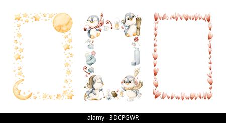 Carino Inverno Funs incornicia con il cuore delle stelle dei pinguini. Illustrazione ad acquerello disegnata a mano isolata su sfondo bianco per il Natale dei bambini Foto Stock