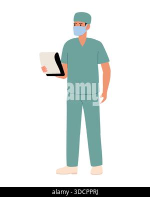 Medico in uniforme verde con appunti. Illustrazione vettoriale piatta con medico nella maschera protettiva della collezione professioni Illustrazione Vettoriale