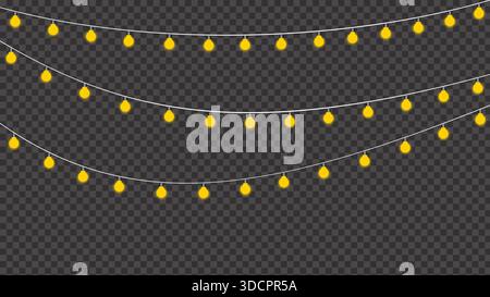 Luci a corda gialle con lampade appese disposte in ghirlande decorative su sfondo trasparente. eps vettore di illuminazione festiva. Illustrazione Vettoriale