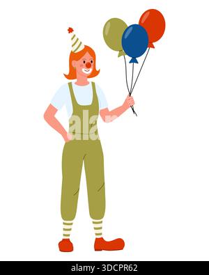 Clown in tuta verde con palloncini. Allegro clown in berretto natalizio. Illustrazione vettoriale piatta. Raccolta di professioni Illustrazione Vettoriale